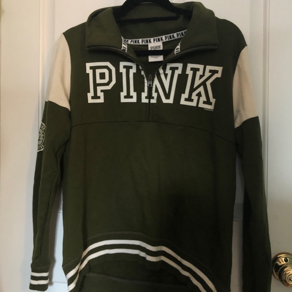 vs pink olive green and white quarter zip